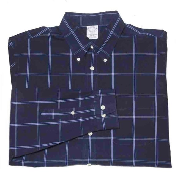 Brooks Brothers Supima Non-Iron Cotton Shirt Navy Blue Check REGENT FIT Men's L - Picture 1 of 1